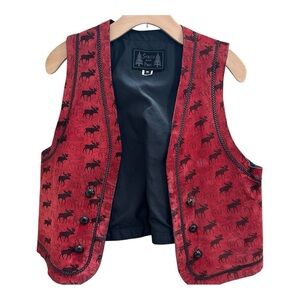 SPIRITS IN THE PINES Women's Red Suede Western Vest Moose Print Medium READ